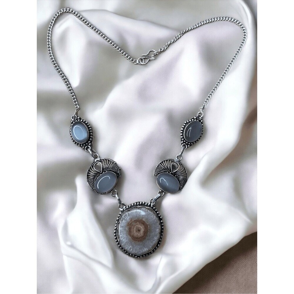 NWOT Handmade Silver Necklace‎ Gray Solar Agate Cat Eye Gemstone Pendant 10"/31G